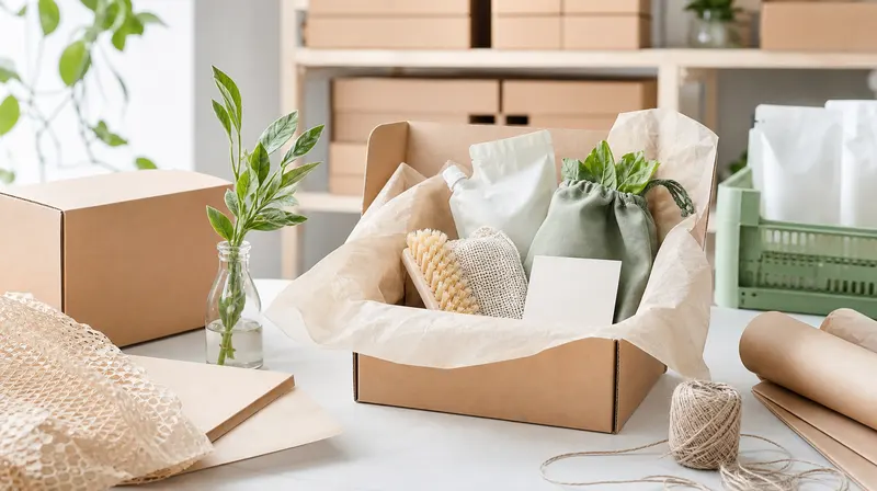 Góc đóng gói đơn hàng xanh của Cartiva với hộp giấy và vật liệu tái sử dụng